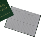 Open view of green gratitude journal, with lines and headings