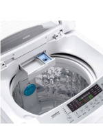 A close up of an open washing machine with the drawer pulled out
